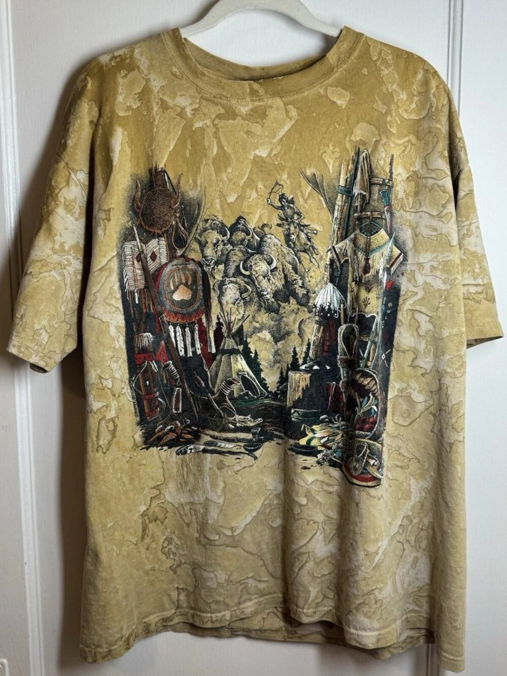 Ragtops Beige Tie Dye Buffalo Scene Graphic Tee XL Made in USA